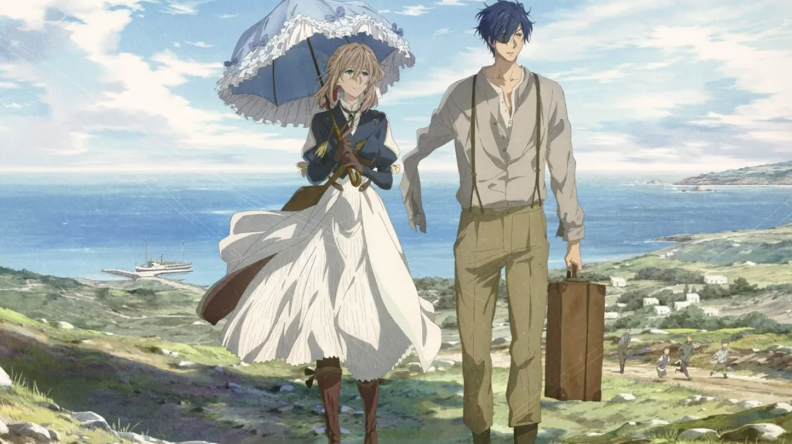 This image shows Violet Evergarden and Gilbert Bougainvillea from Violet Evergarden: The Movie walking together on Ekarte Island. Violet is holding a white lace umbrella while Gilbert carries a brown suitcase.