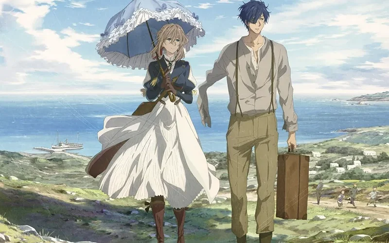 This image shows Violet Evergarden and Gilbert Bougainvillea from Violet Evergarden: The Movie walking together on Ekarte Island. Violet is holding a white lace umbrella while Gilbert carries a brown suitcase.