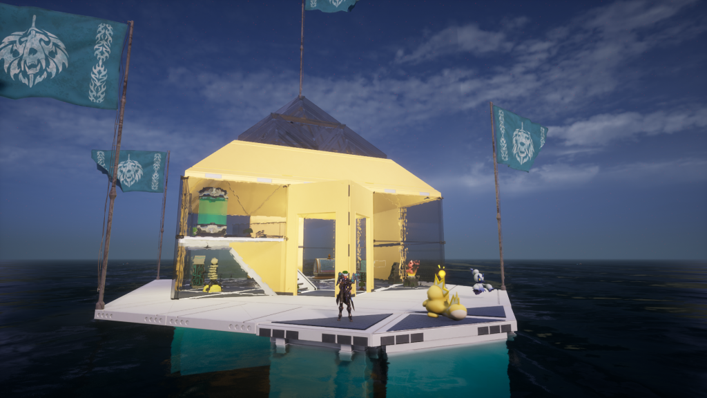 Palworld gameplay screenshot featuring a player showing off their floating-on-water base.