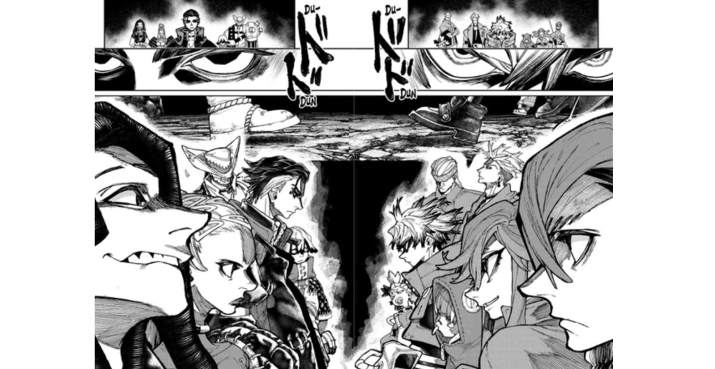 This panel depicts a confrontation between the Cleaners and the Raiders in the manga Gachiakuta. The Raiders are featured on the left, while the Cleaners are positioned on the right. Characters shown include Zanka and Jabber.