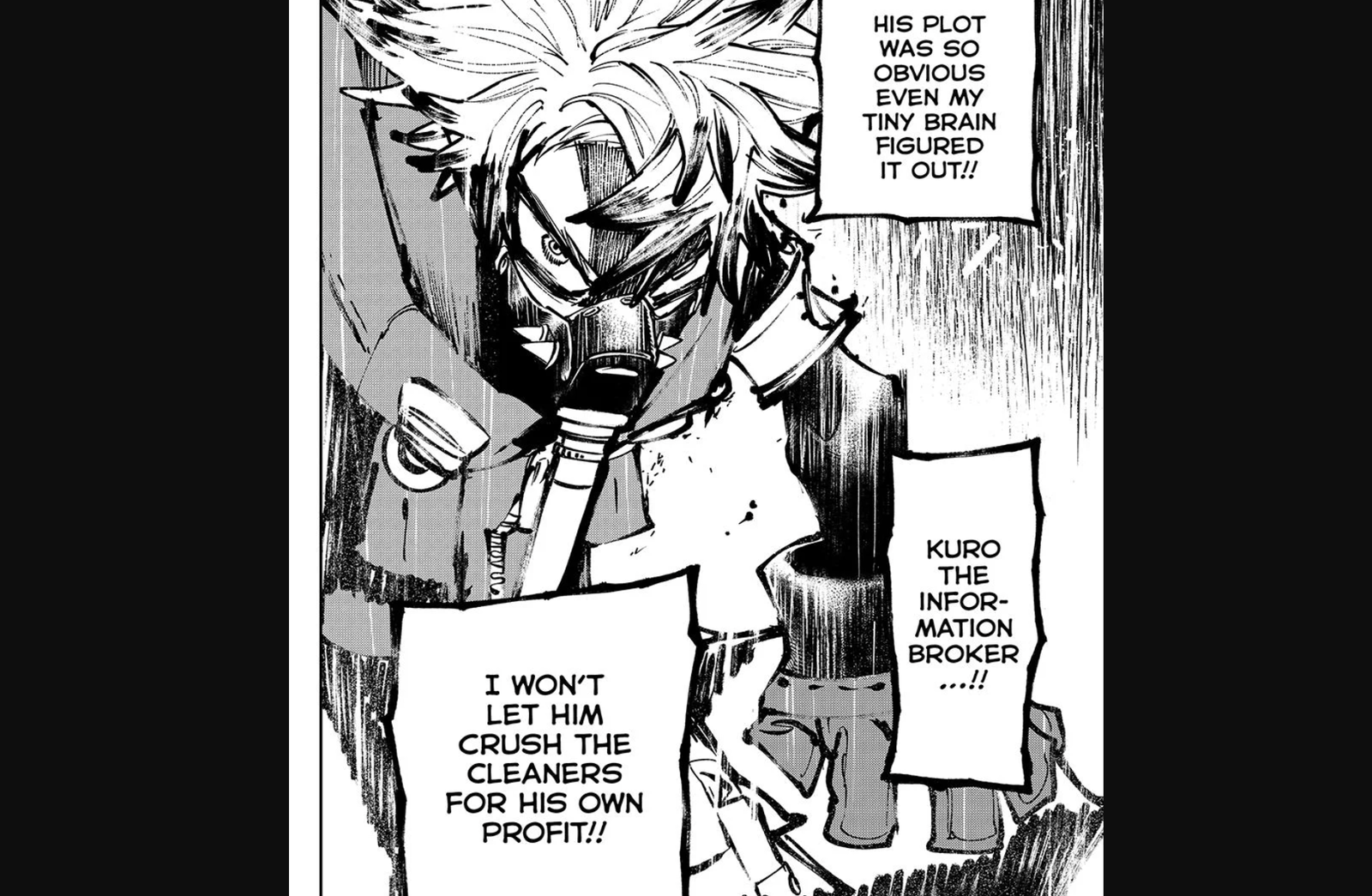 This manga panel is from the series Gachiakuta, created by Kei Urana. Rudo is confronting Kuro, a character known as an "Information Broker".