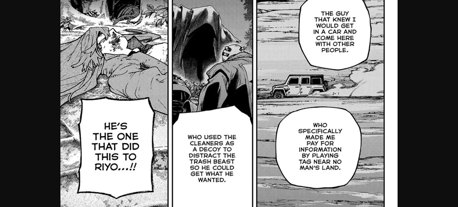 Rudo moves to confront the broker who used the Cleaners as a decoy to get what he wanted. The panels feature Rudo (in the hat) and the injured Riyo.
