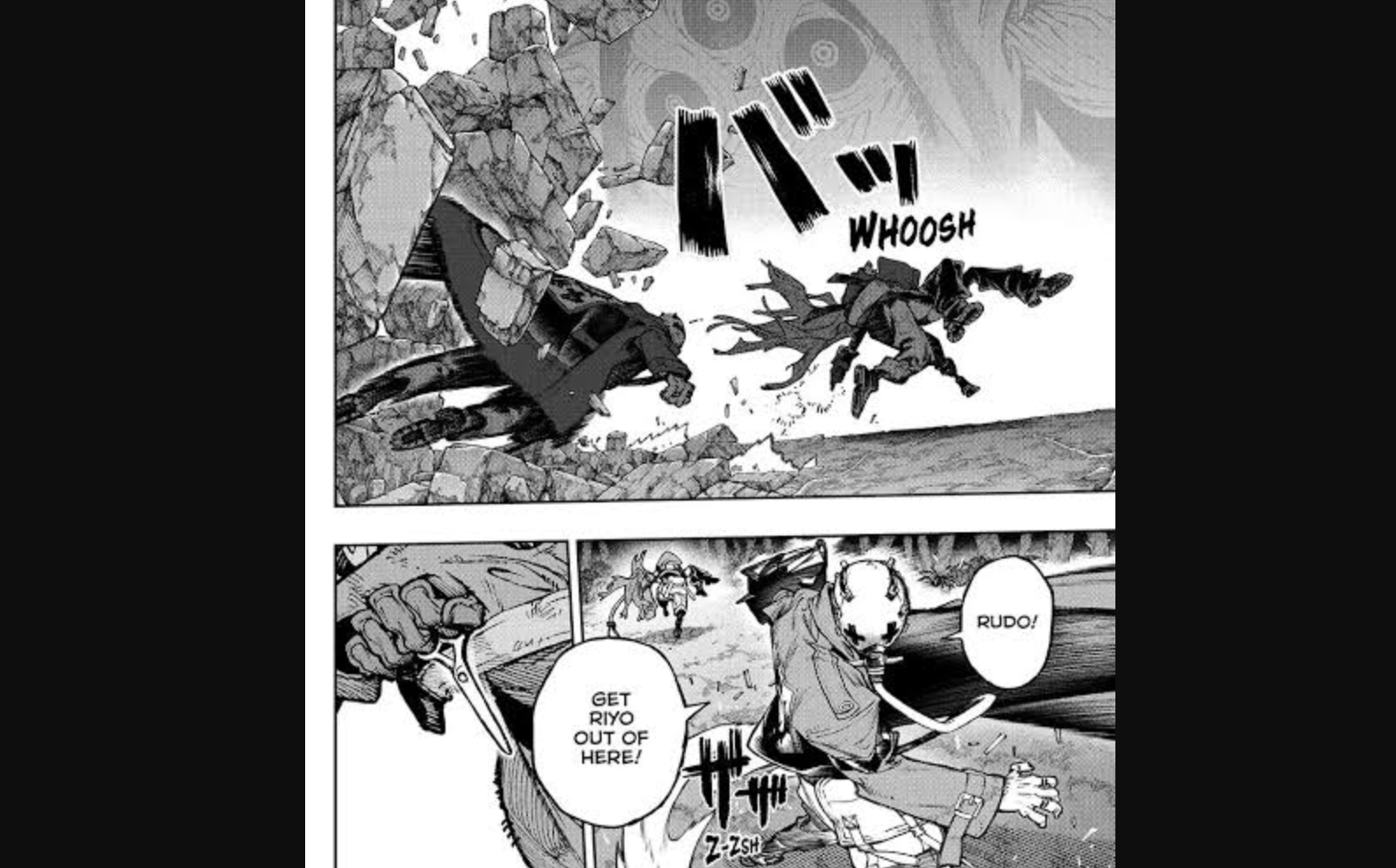This image is from the manga Gachiakuta, specifically Chapter 102. The scene depicts a chaotic battle involving characters named Rudo and Riyo. Rudo is shown fighting for survival in a harsh environment known as "The Pit".
