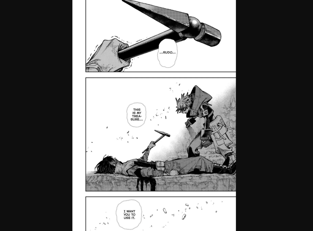 This scene is from Chapter 125 of the Gachiakuta manga, where Follo gifts his cherished hammer to Rudo during a critical moment. The scene features Rudo and a severely injured Follo. This chapter is noted for its emotional weight and is titled "Follo and 'What a Giver' Retrospection".