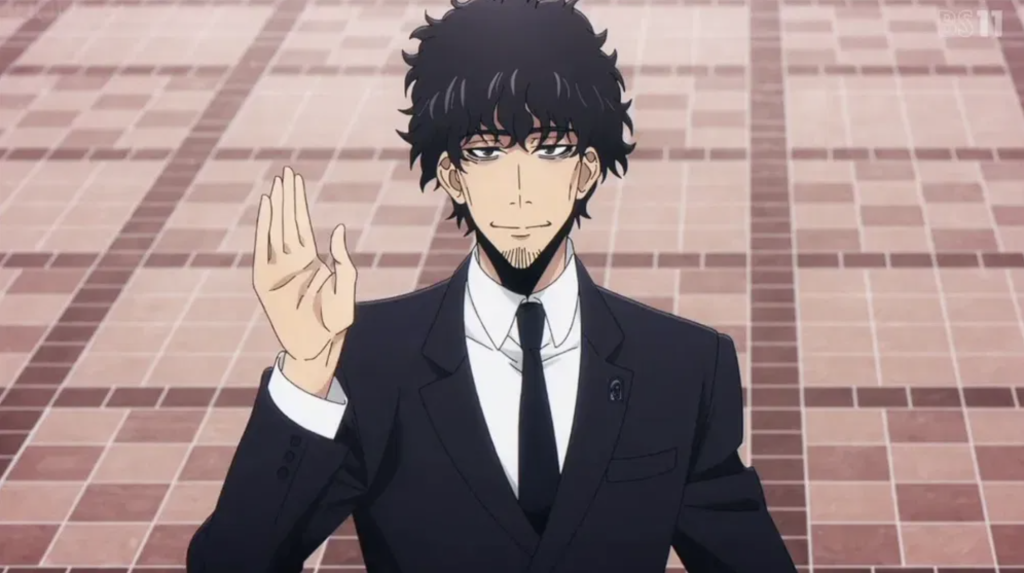 This character is Lim Tae-Gyu from the anime series Solo Leveling. He is an S-Rank Hunter and the Guild Master of the Fame Guild (also known as the Reapers Guild).