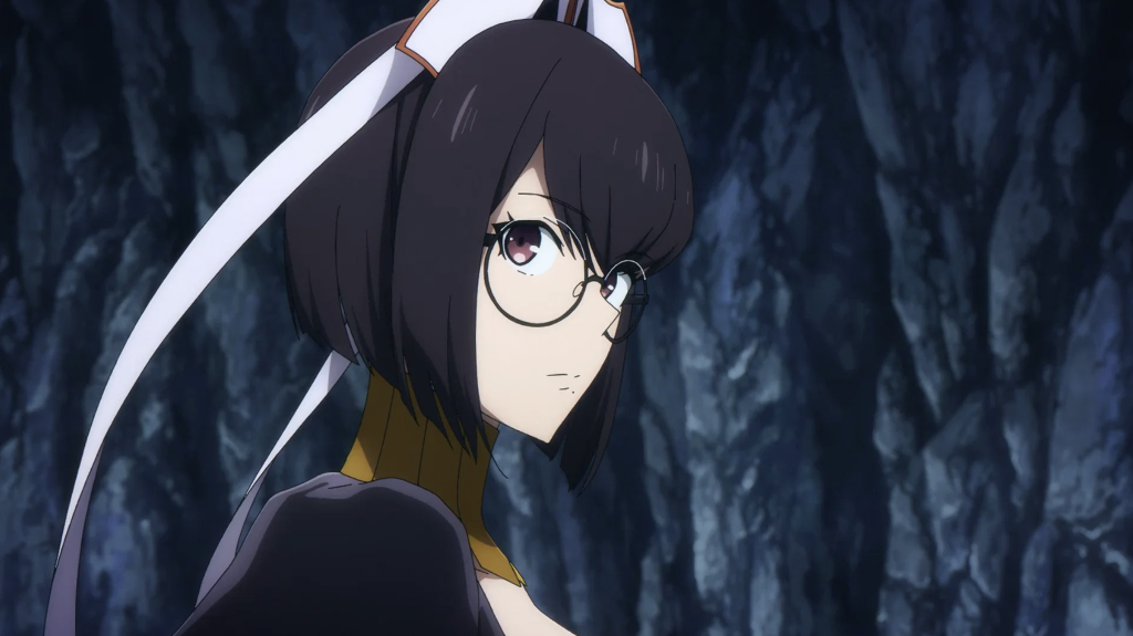 This image features Lee Bora from the Solo Leveling anime series, identified by her distinctive short black hair and glasses.