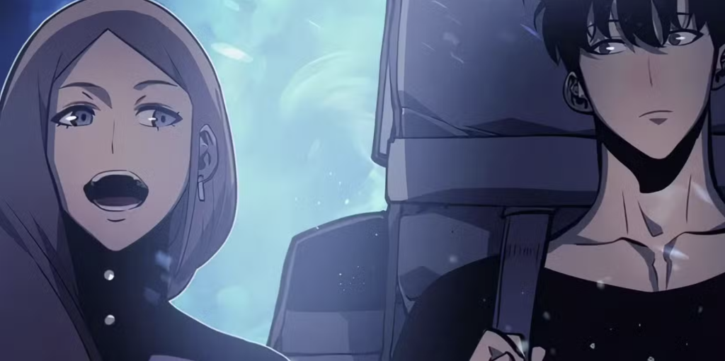 Sung Jin-woo and healer Han Semi from the Solo Leveling series. The pair are depicted entering a high-rank gate with the Hunters Guild Strike Squad.