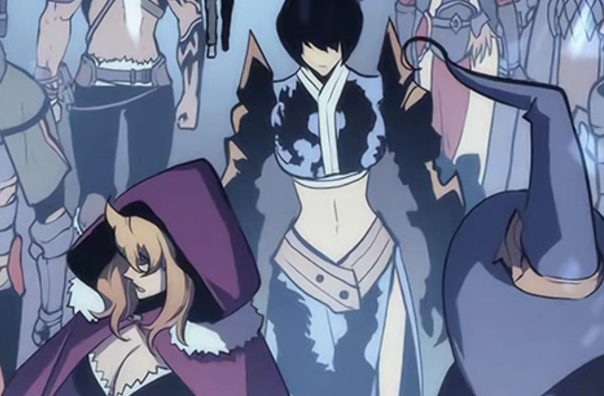 This image depicts a scene from the Solo Leveling webtoon, specifically featuring members of the Hunters Guild Strike Team B. The central female figure is Seo Jiwoo, an A-rank fighter. Behind her is Sung Jinwoo, the main character.