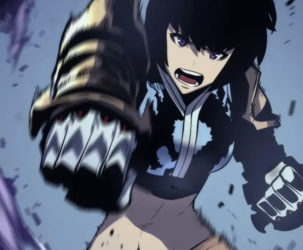 Seo Jiwoo from the Solo Leveling franchise is pictured here, wielding specialized gauntlets during combat.