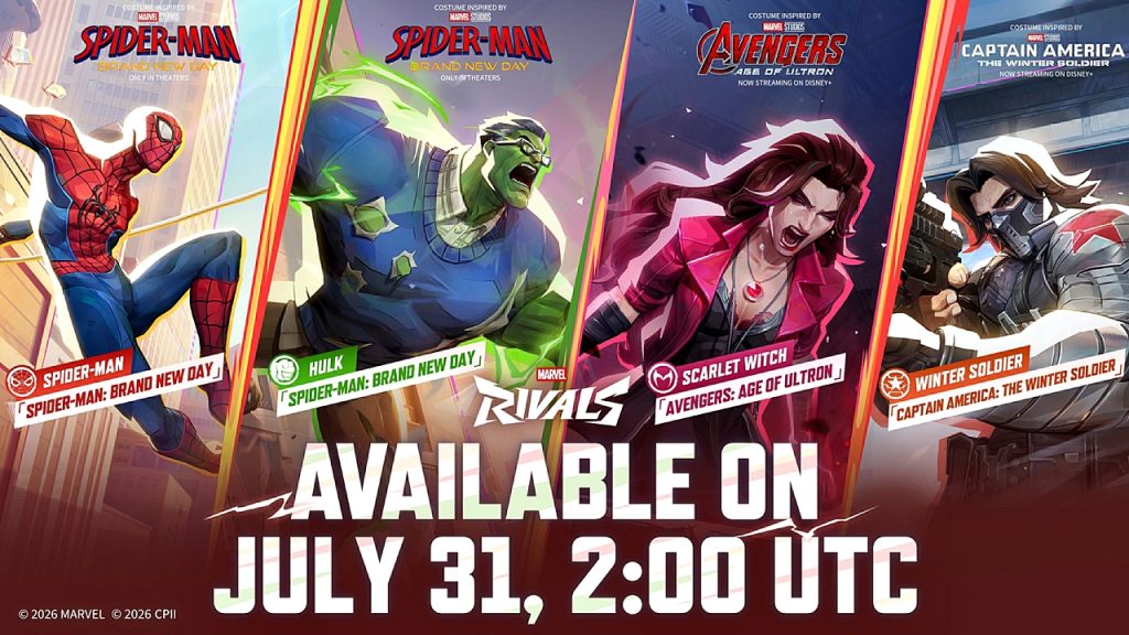 Marvel Rivals official promo image showcasing four new MCU-themed hero skins coming to the store on July 31.