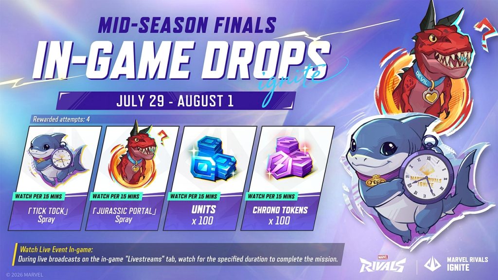 Official Marvel Rivals infographic showing the in-game drops for the Mid-Season IGNITE tournament finals. 