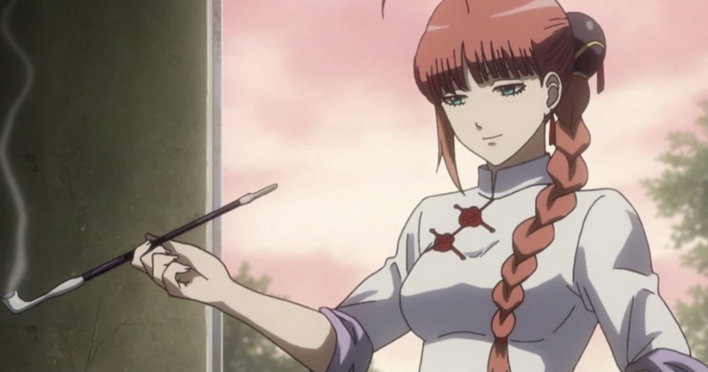 This is Kouka from Gintama holding a traditional smoking pipe. 