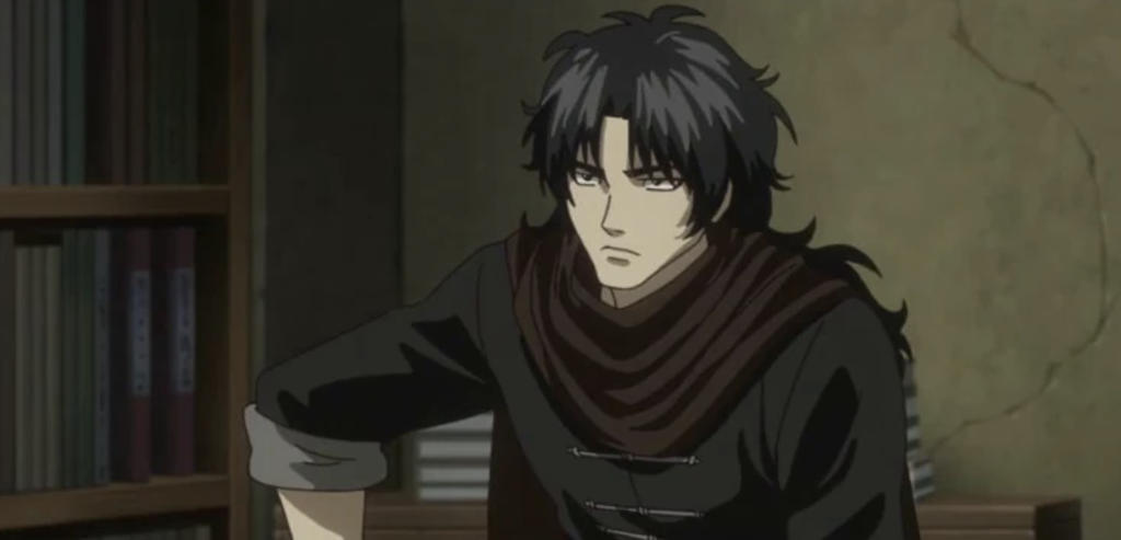 This character is Umibozu (Kankou) from the anime series Gintama. The image depicts him with hair, but he is notoriously bald for most of the series. 