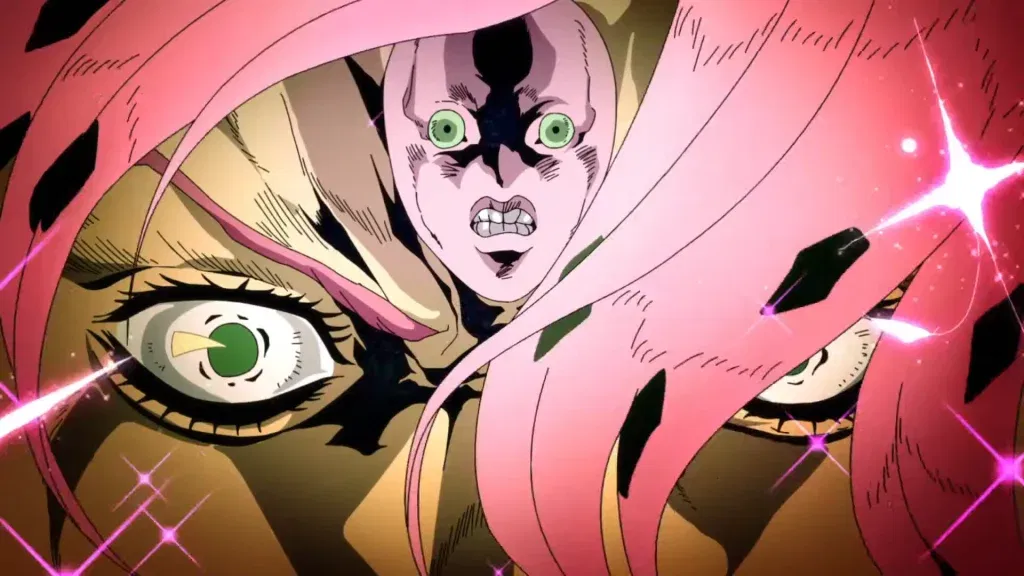 A close-up of Diavolo's eyes as he activates his Stand's ability, Epitaph.