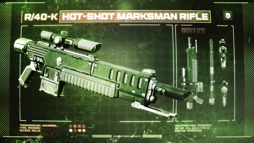 Helldivers 2 x Warhammer 40k Legendary Warbond trailer screenshot showcasing the R/40-K Hot-Shot Marksman Rifle weapon.