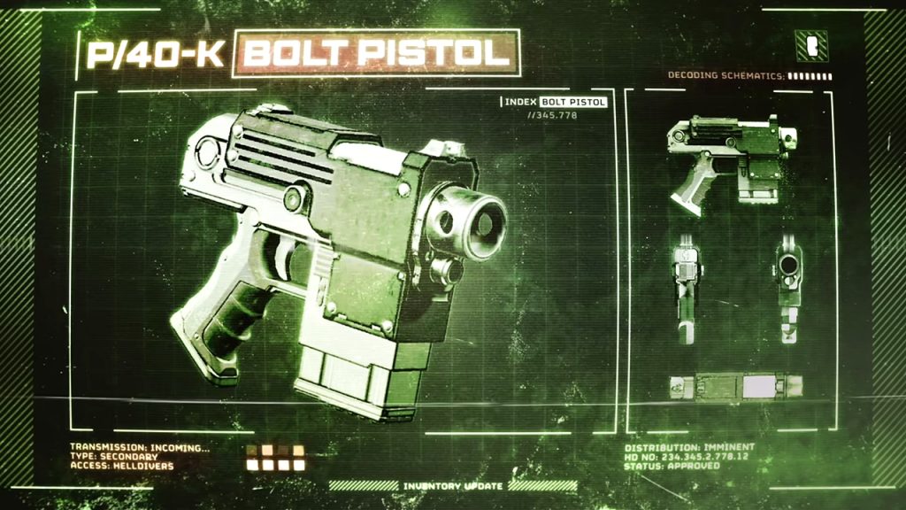 Helldivers 2 x Warhammer 40k Legendary Warbond trailer screenshot showcasing the P/40-K Bolt Pistol weapon.