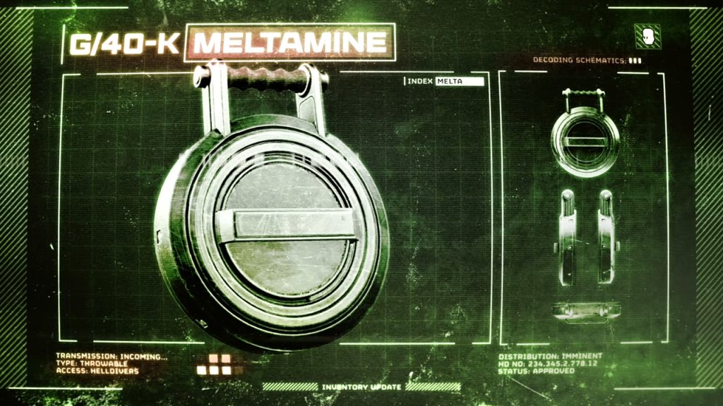 Helldivers 2 x Warhammer 40k Legendary Warbond trailer screenshot showcasing the G/40-K Meltamine throwable.