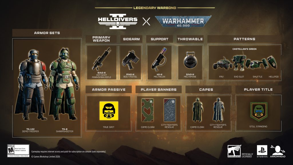 Official promo banner summarizing all the offerings included in the Helldivers 2 x Warhammer 40,000 Legendary Warbond.