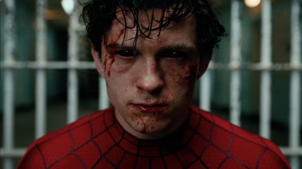 A battered Spider-Man stares ahead with blood running down his face as his eyes turn completely black. Wearing his damaged suit, Peter Parker appears exhausted and injured, with blurred prison bars visible behind him.