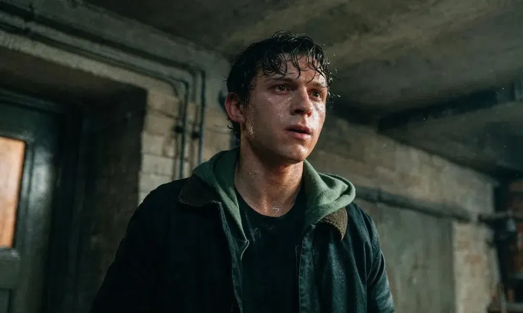 Peter Parker, drenched in sweat and visibly exhausted, stands inside a dimly lit concrete building wearing a green hoodie beneath a dark jacket. He looks ahead with a tense, determined expression as signs of a recent battle linger on his face.