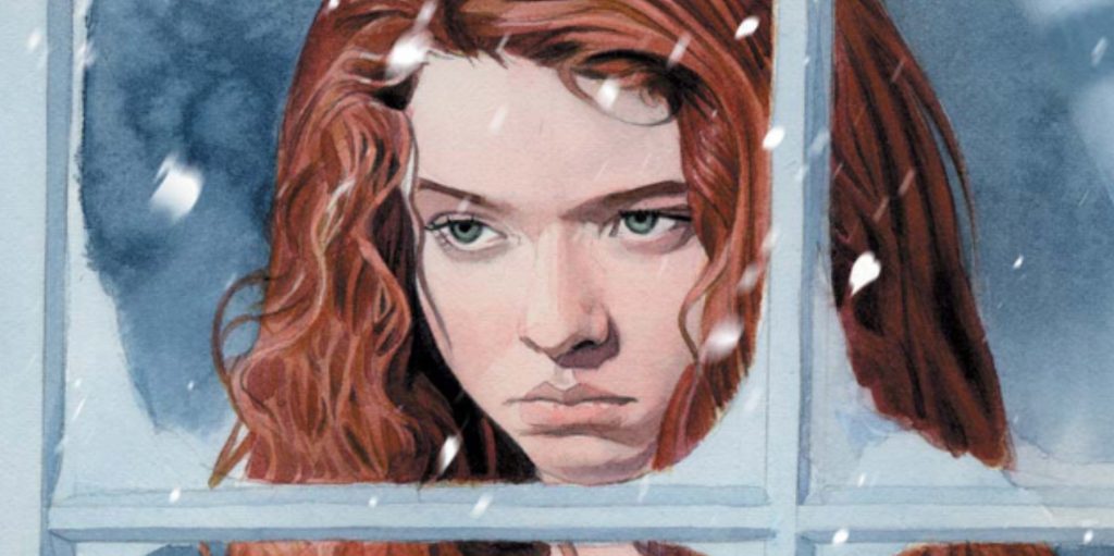 An illustrated portrait of a young red-haired woman stares solemnly through a frost-covered window as snowflakes drift outside. Her pale green eyes and melancholy expression convey sadness and isolation.