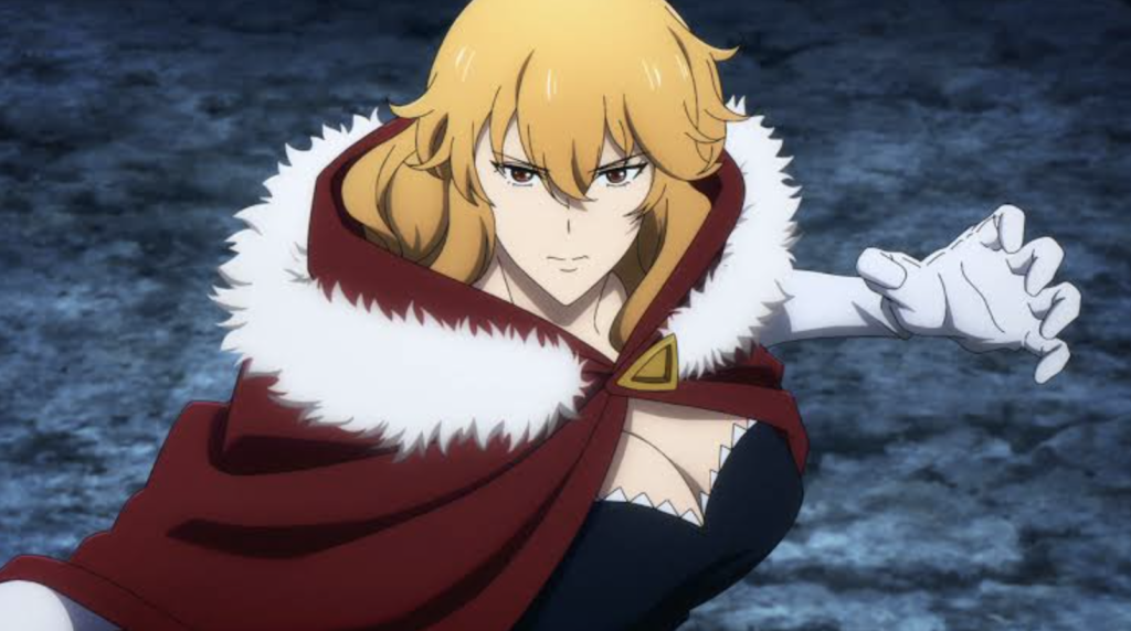 This is Gina from the anime Solo Leveling, shown wearing a signature red cloak with white fur trim.