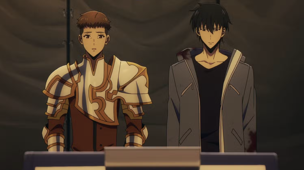 This scene is from the anime Solo Leveling. It features characters Yoo Jin-ho (left, in armor) and Sung Jin-woo (right).