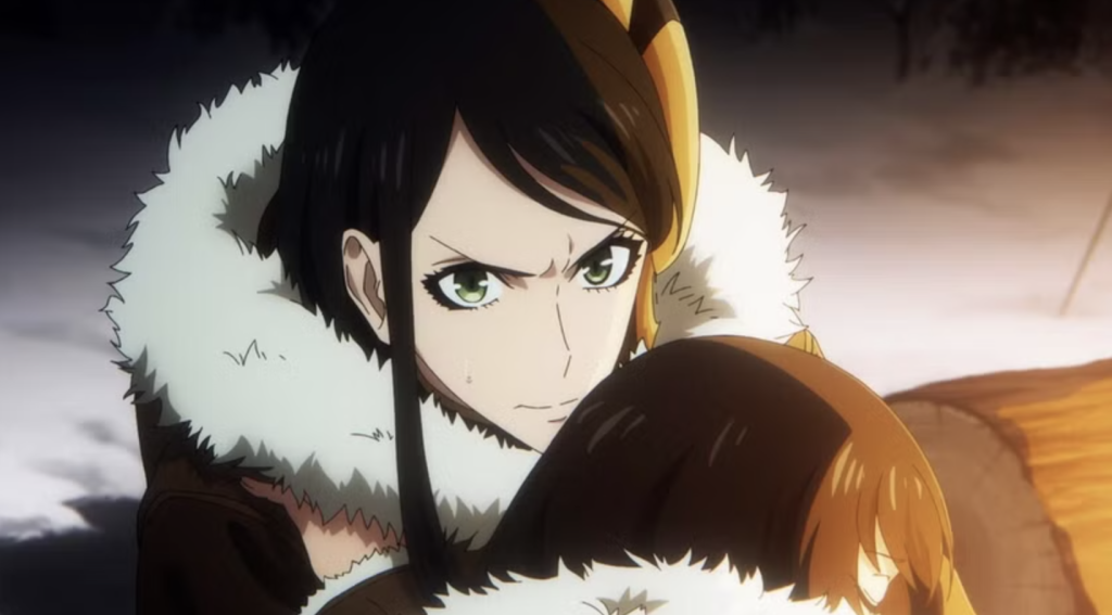 This image is from the anime series Solo Leveling. The woman shown is Park Heejin, holding another character.  The characters are inside a dangerous "Red Gate" dungeon filled with snow and ice elves.