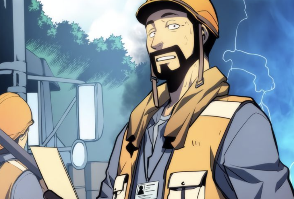 This image features Bae Yoon-Suk, the leader of the Hunters Guild Mining Team from the popular Korean manhwa series Solo Leveling. He is depicted as a man in his 40s wearing a mining helmet and safety vest, holding a clipboard.