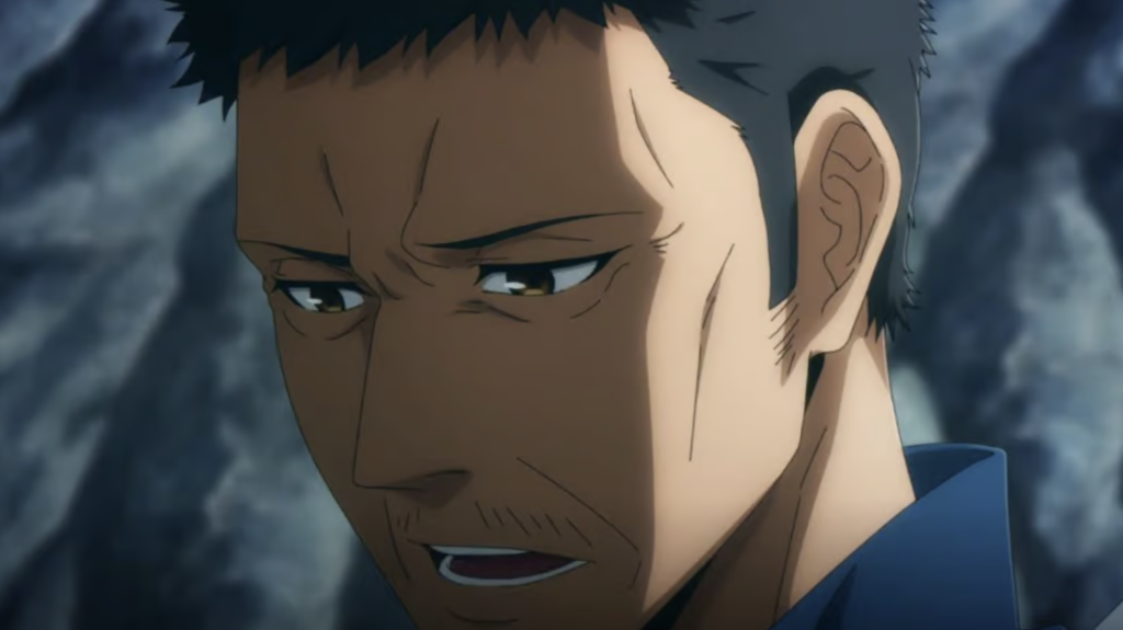 This is Kim Sang-Shik, a D-rank hunter from the anime Solo Leveling. He is depicted as a dedicated family man trying to protect his loved ones.