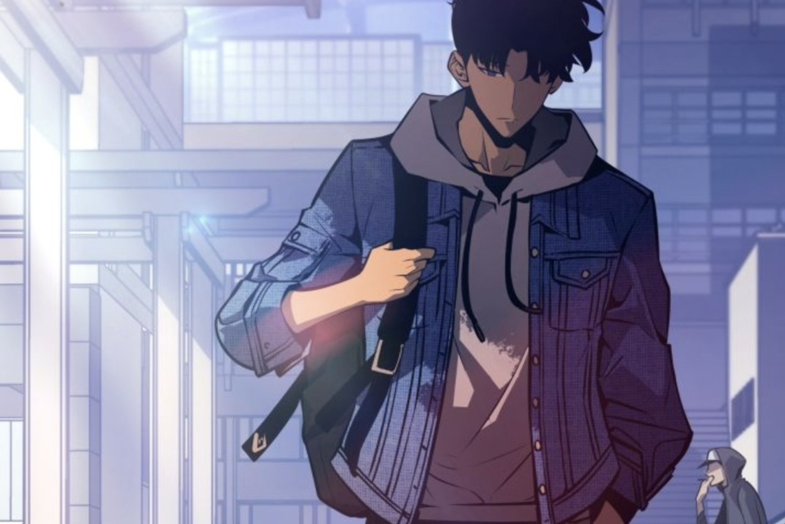 Ragnarok. He is depicted as a high school student wearing a denim jacket over a gray hoodie.