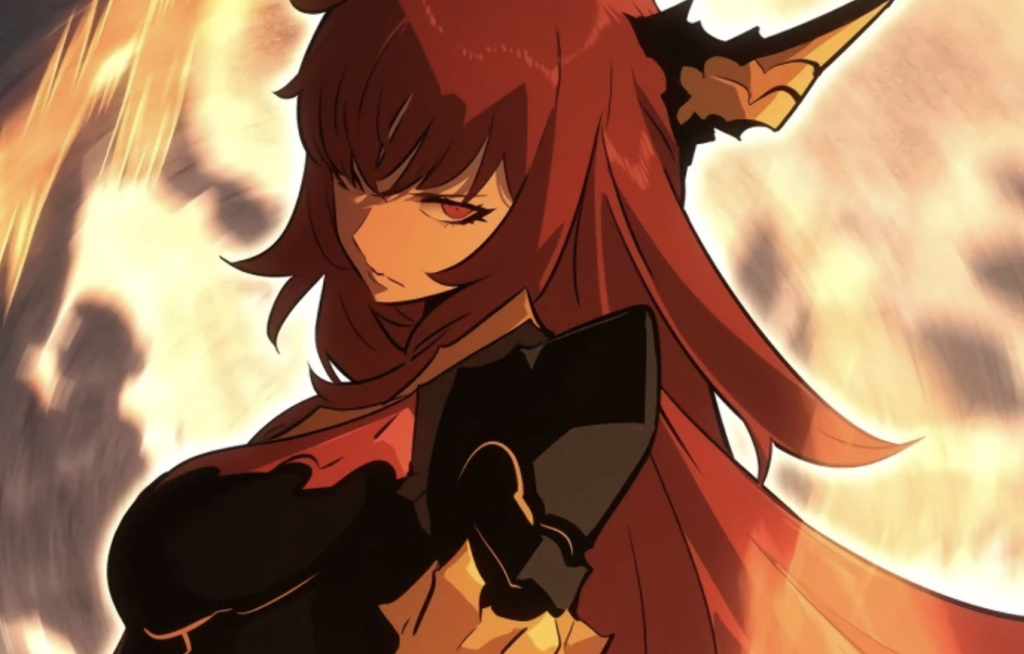  Ragnarok is depicted wearing dark, angular armor with golden-orange accents.