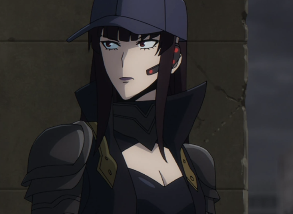 Kanae Tawata is a character from Solo Leveling, depicted here wearing tactical armor and a dark baseball cap. Her appearance features long dark hair, red eyes, and dark purple lipstick.