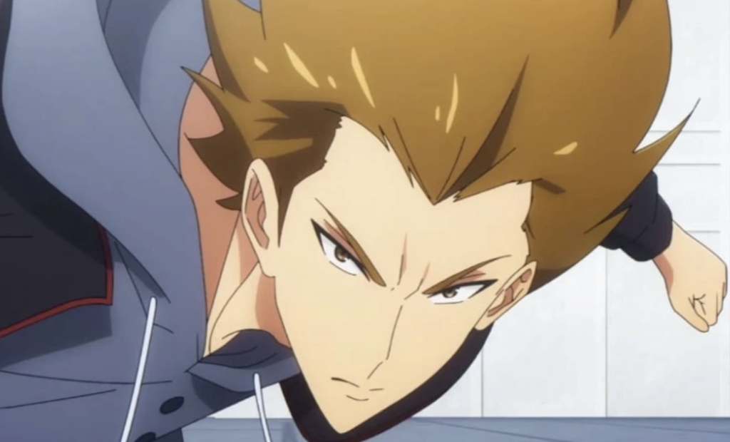 Minoru Hoshino from Solo Leveling is depicted here wearing a grey hoodie.