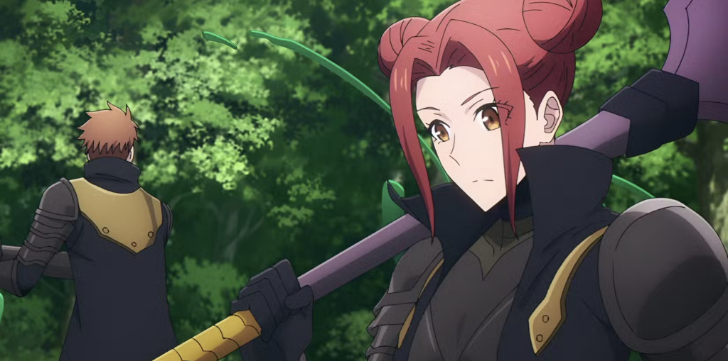 This scene is from the anime Solo Leveling. The character shown is Akari Shimizu, a Japanese S-rank healer. She is depicted holding a large axe, typically during the Jeju Island arc.