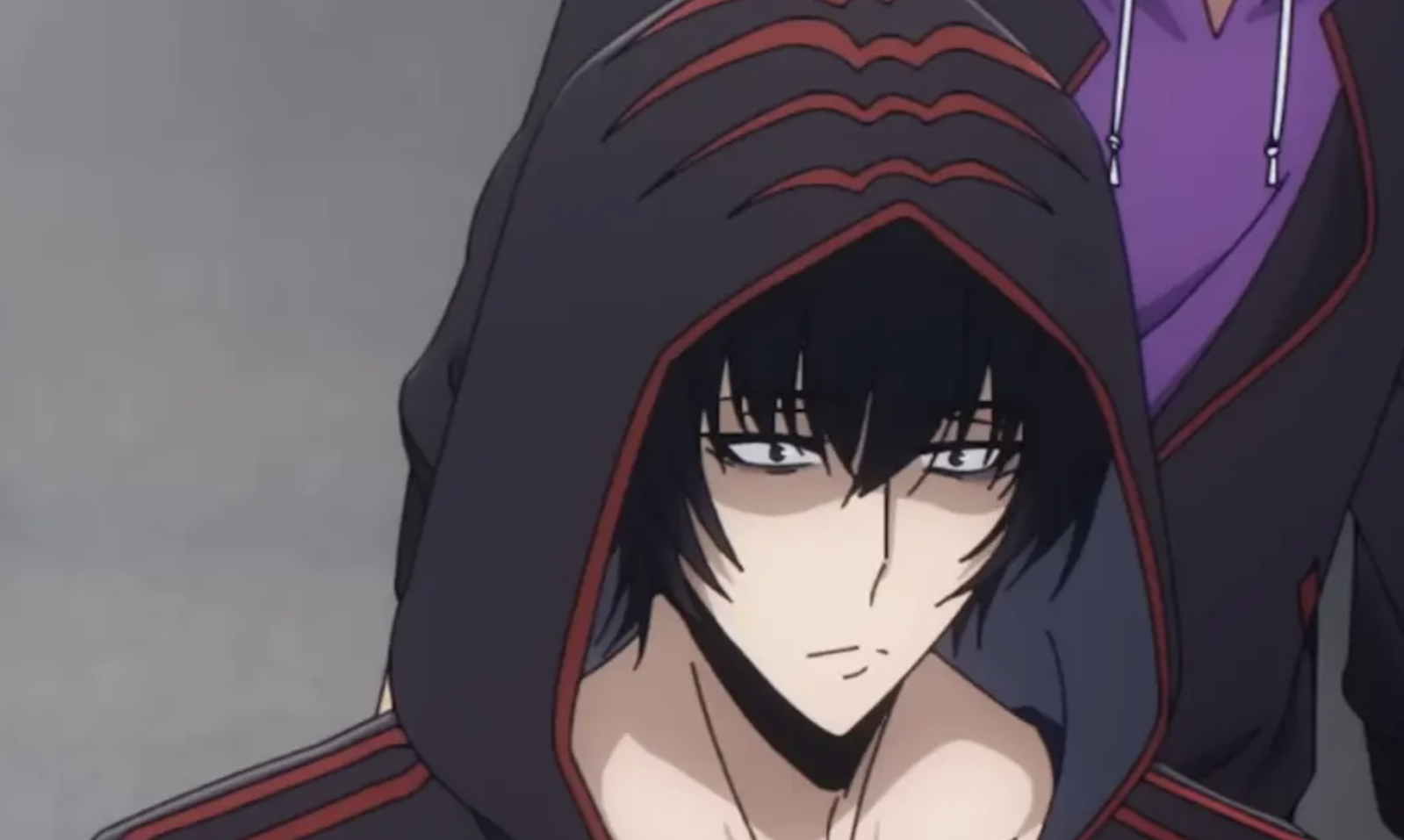 The character shown is Ippei Izawa, a Japanese S-Rank Hunter from the anime Solo Leveling. He is shown wearing a black hooded jacket with red stripes, typically worn during the Jeju Island Raid arc.
