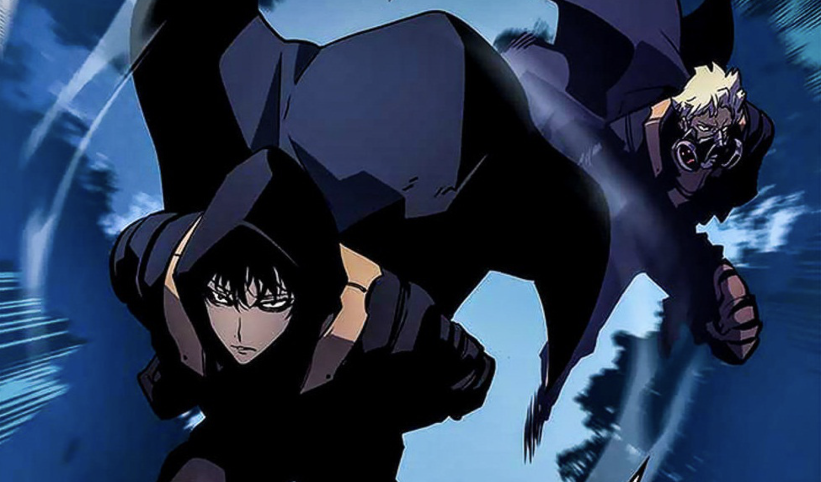 This image is from the Solo Leveling webtoon. Another hunter is depicted in the foreground wearing a dark cloak. He is shown alongside Ippei Izawa, an S-Rank Hunter from the Japanese Draw Sword Guild. This scene occurs during the Jeju Island Arc of Solo Leveling.