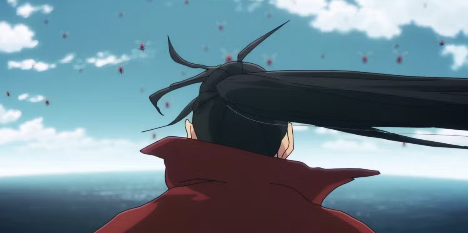 This image depicts Liu Zhigang from the anime series Solo Leveling, shown from behind with his signature long black ponytail and red coat.