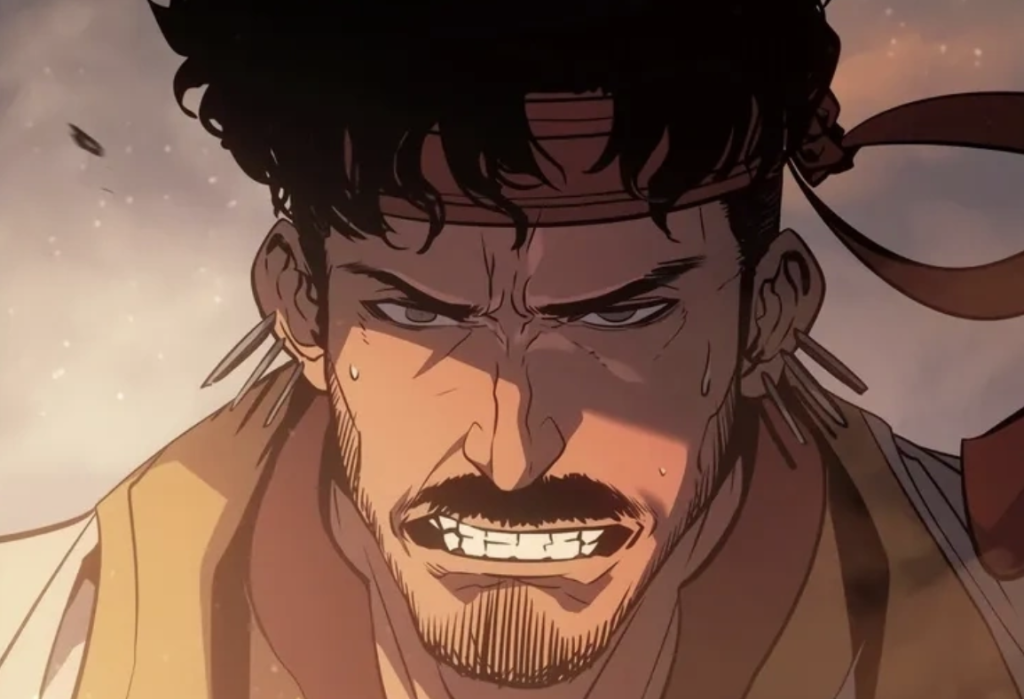 This image features Rio Singh, a character from the Solo Leveling franchise. He is depicted as an Indian B-Rank Hunter and a member of the Asura Guild. Rio is characterized by his middle-aged appearance, dark hair, and signature headband.