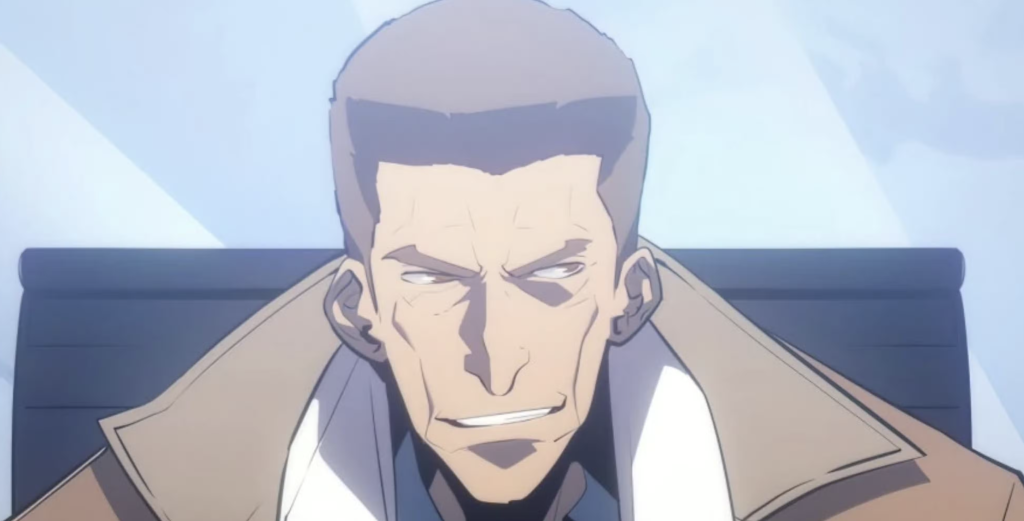 This character is Jay Mills from the anime and manhwa series Solo Leveling. In the series, he is known for his immense confidence and is typically depicted wearing a brown coat and white scarf.