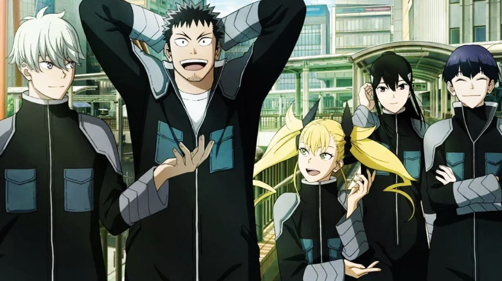This image features characters from the anime series Kaiju No. 8.  