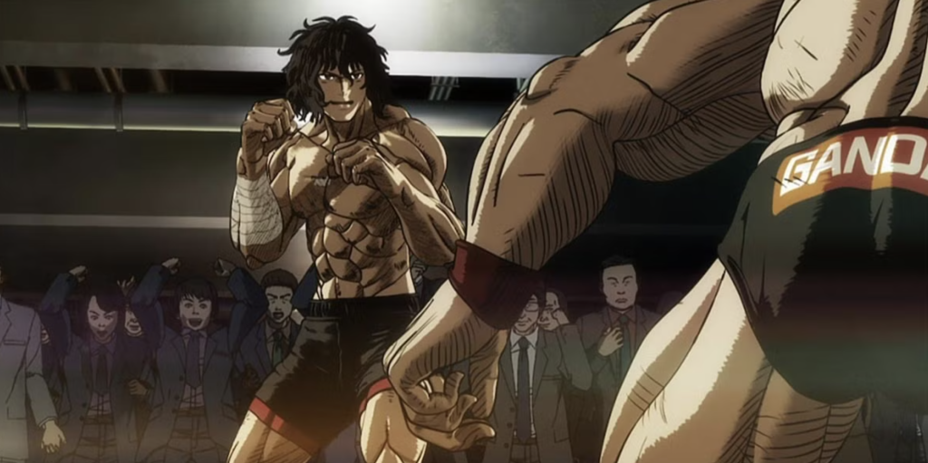 This image is from the Netflix anime series Kengan Ashura. The fighter pictured on the left is the protagonist, Ohma Tokita.