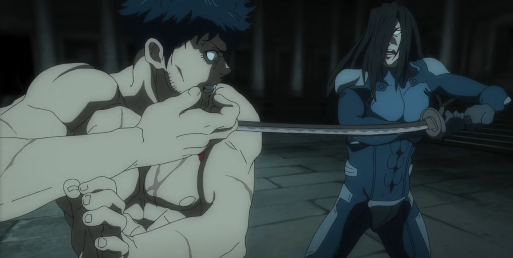 This scene is from the 2024 anime series Ninja Kamui, featuring a fight between characters Higan and Zai. 