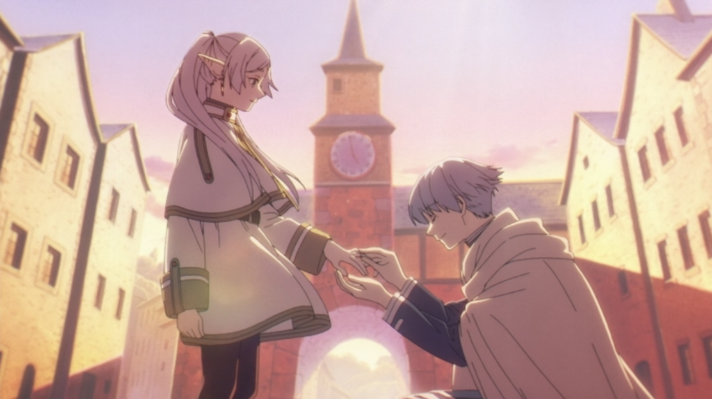  Beyond Journey's End. The image depicts a pivotal flashback in episode 14 where the hero Himmel proposes to the elf Frieren with a ring.