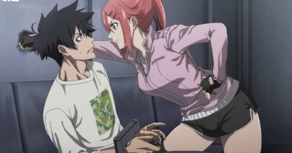 This scene is from Black Torch, featuring protagonist Jiro Azuma and escort Ichika Kishimojin. The characters are shown in a tense moment inside a surveillance van during Episode 3, titled "WHAT'S MY NAME?".
