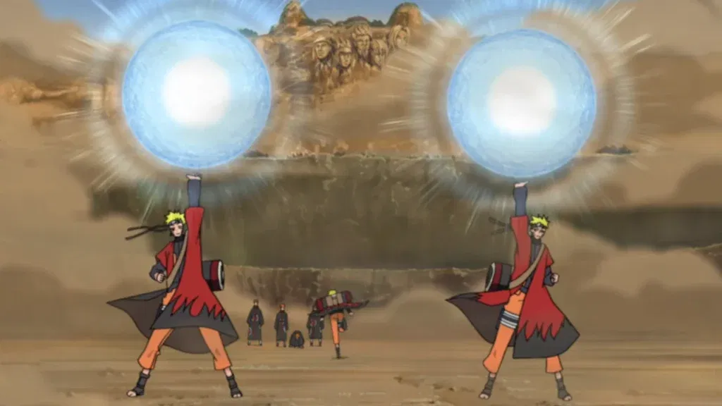 Naruto is in Sage Mode and uses shadow clones to form two giant spheres of chakra.