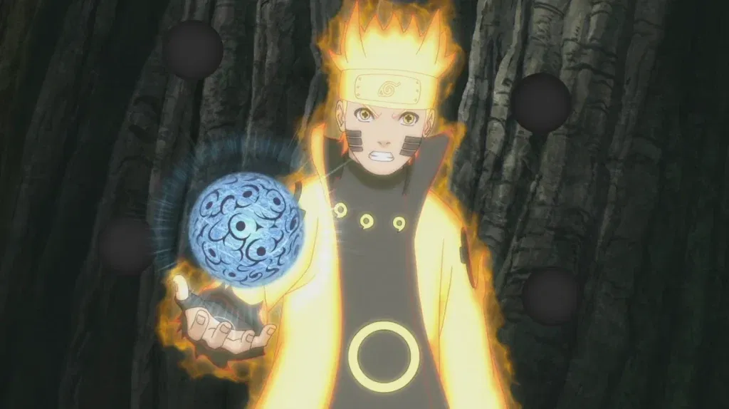 Naruto Uzumaki combines his Rasengan with the Magnet Release kekkei genkai inherited from Shukaku, the one-tailed beast.