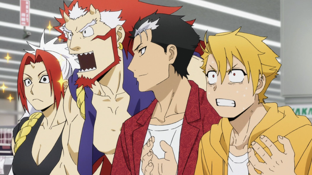  This image is a scene from the anime series Daemons of the Shadow Realm (also known as Yomi no Tsugai). The characters are experiencing a supermarket for the first time.