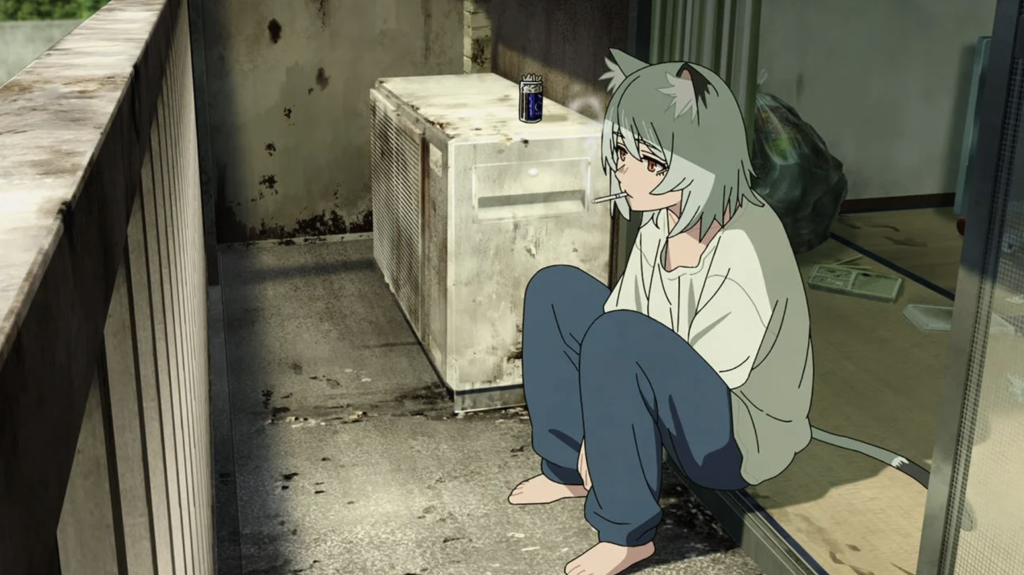This image features Yaniko, the main character from the anime series Chainsmoker Cat.