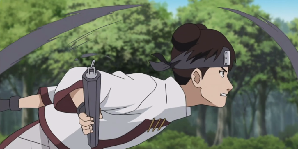 Tenten is shown running forward while holding a weapon sealed within a scroll. She is utilizing her signature sealing techniques to summon weaponry during battle.